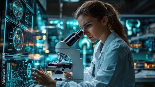 Focused Scientist Analyzing Data on Advanced Digital Screens in a High-Tech Laboratory with a Microscope