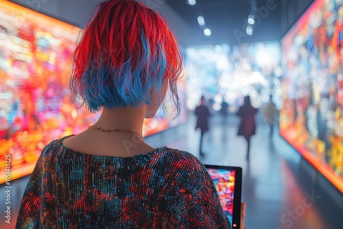 Colorful interactive digital art experience in futuristic gallery setting