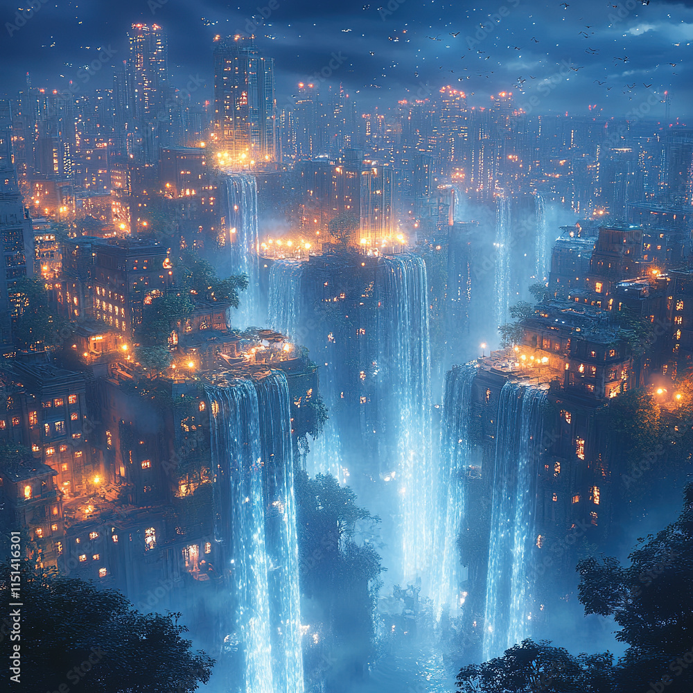 urban areas with islands floating at night urban areas with islands floating at night