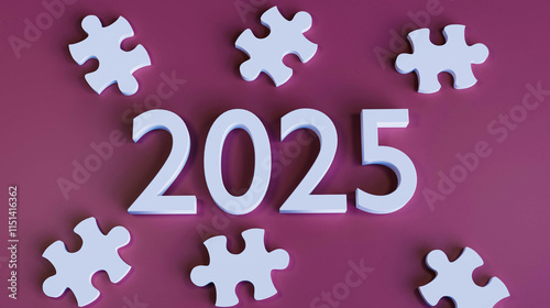 3D Randomly Placed Puzzle Pieces with '2025' Text at the Center, Symbolizing New Beginnings and Future Goals