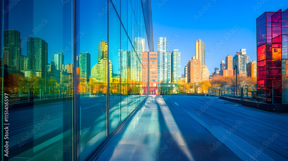 Fototapeta premium Stunning reflections of a vibrant city skyline on a modern glass building facade, with colorful skyscrapers and clear blue skies..