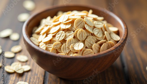 Hearty Oatmeal in Wooden Bowl - Healthy Breakfast photo