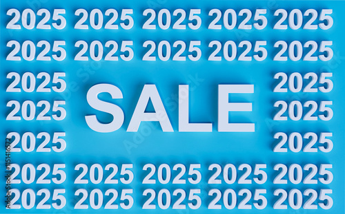 3D Text 'Sale' in Bold Centered on Blue Background, Surrounded by Numerous Small '2025' 3D Text Elements – Futuristic Design