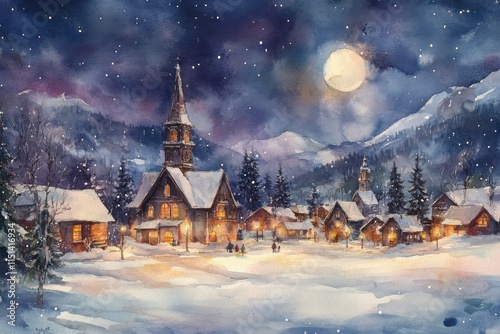 Christmas Village at Night Watercolor Painting Art