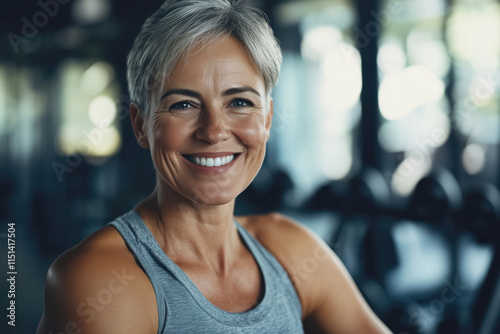 Portrait of stylish smiling middle aged woman in sportswear in gym. Healthy lifestyle concept Free Download Portrait of stylish smiling middle aged woman in sportswear in gym. Healthy lifestyle concept - GFXLoad