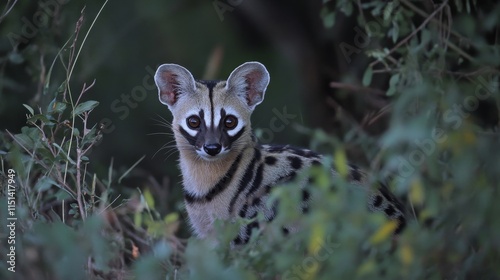 Adult male genet in its natural habitat among holm oaks and pines during the early evening. The genet explores its territory, showcasing behavior typical of the species in the wild. photo