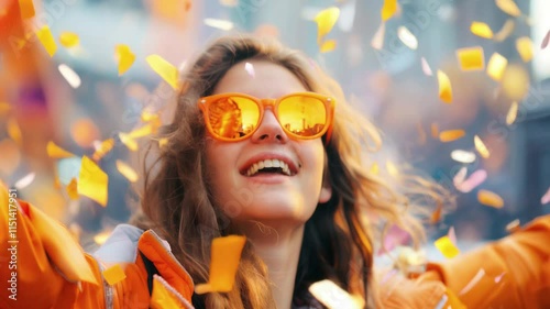 Kingsday celebration in the Netherlands. Happy young woman in orange clothes and sunglasses in Amsterdam during the King's Day national Dutch holiday or Holland football team support. Slow motion.