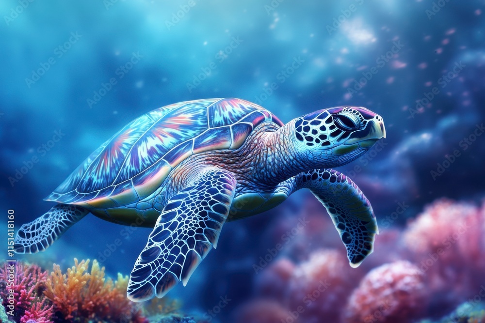 Detailed view of underwater turtle life with colorful coral reefs. Detailed view of underwater turtle life with colorful coral reefs.