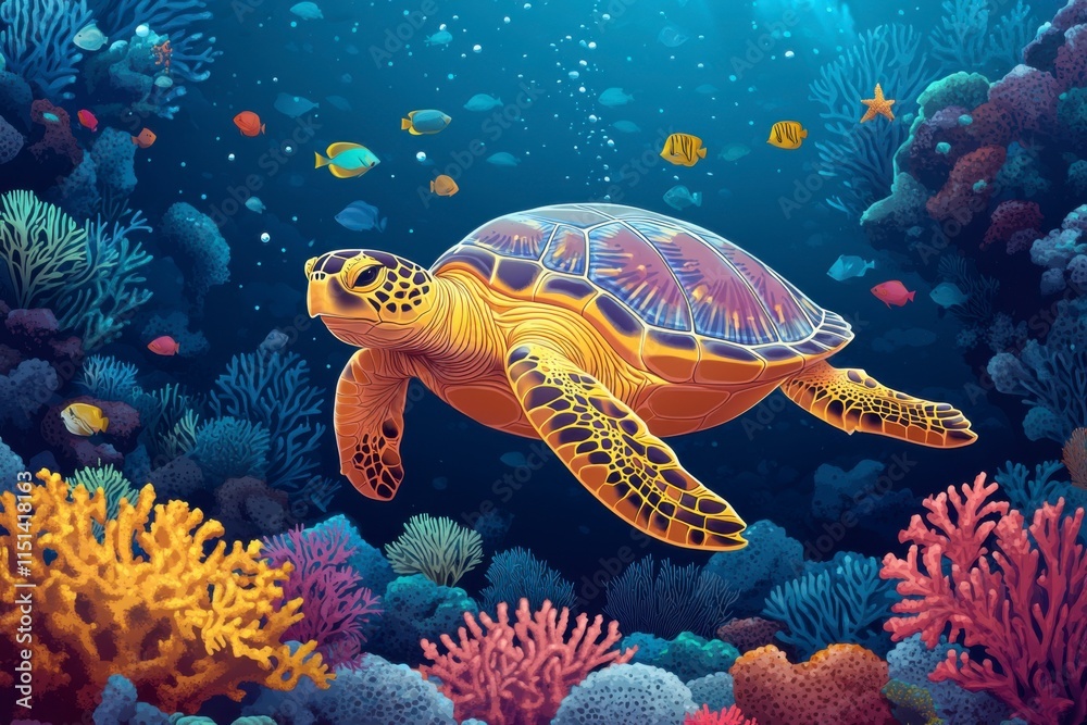 Fototapeta premium Detailed view of underwater turtle life with colorful coral reefs.