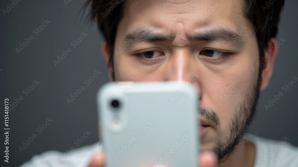 Person gazing puzzled at smartphone screen, reflecting modern challenges of technology and communication in daily life. Person gazing puzzled at smartphone screen, reflecting modern challenges of technology and communication in daily life.