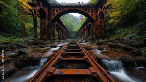 A captivating sight of rusted train tracks leading into overgrown industrial ruins, merging history with nature’s reclaiming beauty, evoking a sense of nostalgia and mystery. photo