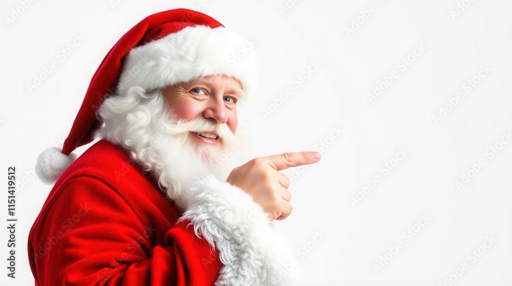 Santa Claus pointing index finger at blank space isolated on white background Santa Claus pointing index finger at blank space isolated on white background