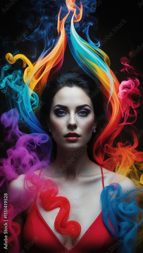 Fototapeta premium Striking image of woman in red attire, vibrant smoke swirling in colorful patterns around her, creating a dramatic and ethereal atmosphere.