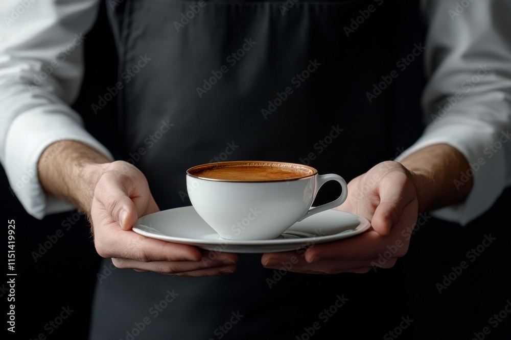 A waiter in a black apron is handing out coffee cups. A waiter in a black apron is handing out coffee cups.