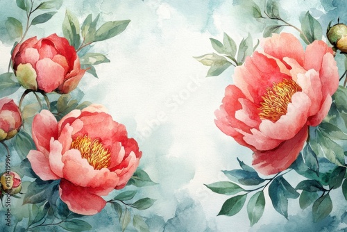 Watercolor peonies and leaves, painted delicately