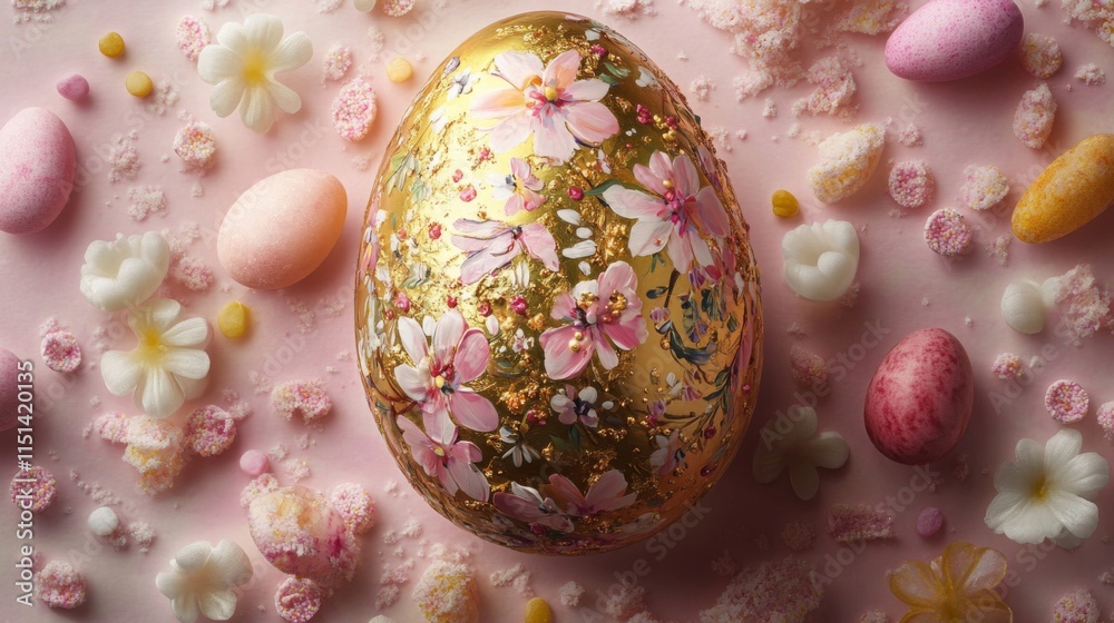 Obraz premium Gold Easter Egg Decorated With Pink Flowers