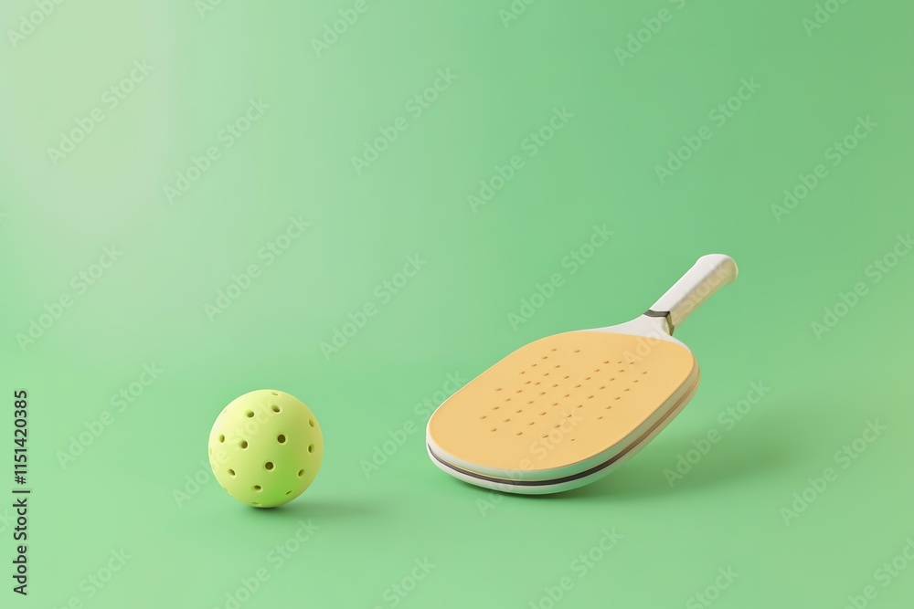 Pickleball paddle and ball on green background, copy space Pickleball paddle and ball on green background, copy space