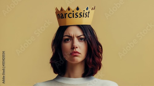 Young arrogant woman wearing a paper crown with the word Narcissist on beige background, concept of narcissism, Narcissistic personality disorder in adults.