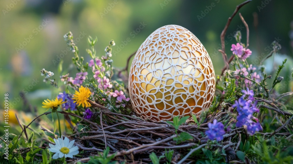 Ornate Golden Egg Nestled In Spring Wildflowers Ornate Golden Egg Nestled In Spring Wildflowers