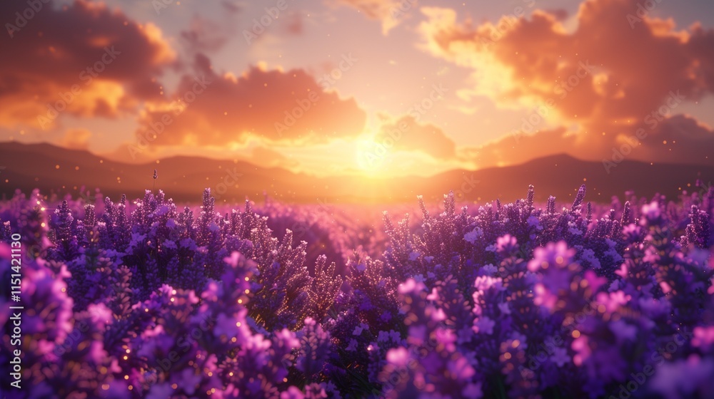 Fototapeta premium Fields of blooming lavender stretching to the horizon, filling the air with their sweet fragrance in this nature summer scene
