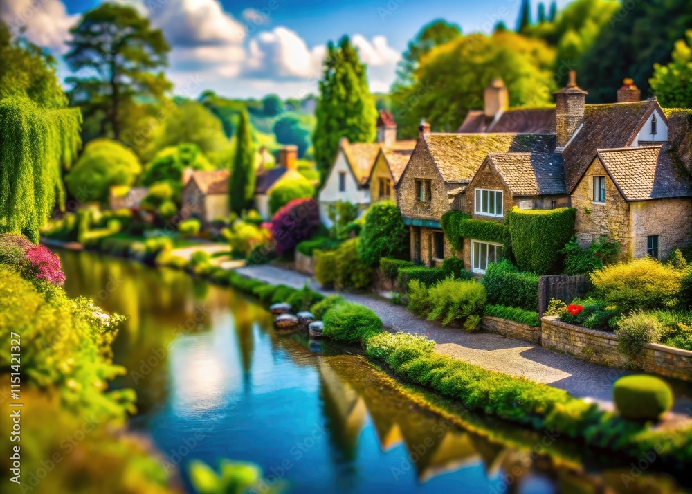 Fototapeta premium Tilt-Shift Photography: West London Riverside Village, Miniature Effect, Charming English Scene, Idyllic Riverbank, Picturesque Cottages