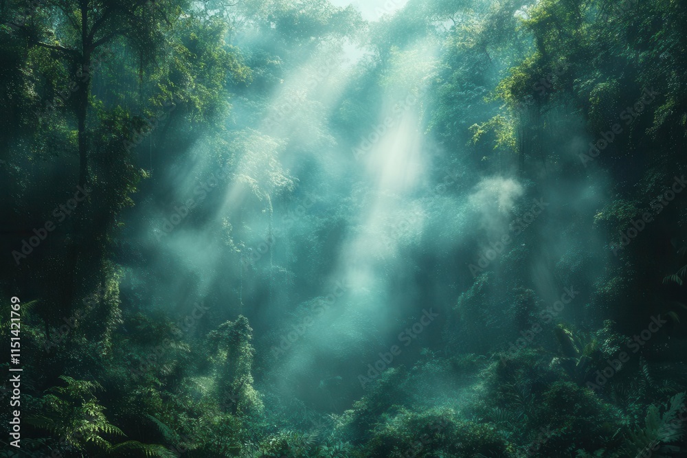 Obraz premium misty forest bathed in gentle sunlight, beams filtering through the thick fog, creating a serene and magical atmosphere in a lush green woodland