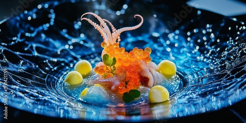 Plate featuring Squid Roe dish accompanied by Luciferins. A playful squid captured using illuminated fishing methods. photo