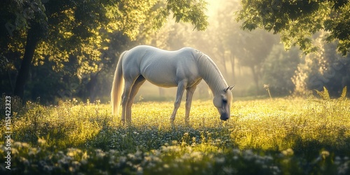 Paso Fino mare grazing peacefully in a lush meadow, showcasing the beauty of the Paso Fino breed in a natural setting, highlighting the grace and elegance of the Paso Fino horse. photo