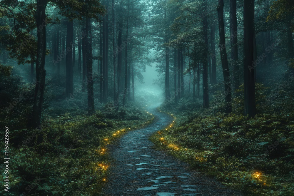 Obraz premium mysterious fog enveloping a dense forest, filled with towering trees, creating an ethereal atmosphere that invites exploration and whispers of enchantment amid the stillness