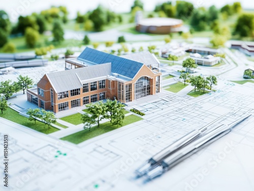 Architectural roll of university campus design with technical drawings academic buildings educational setting aerial view photo