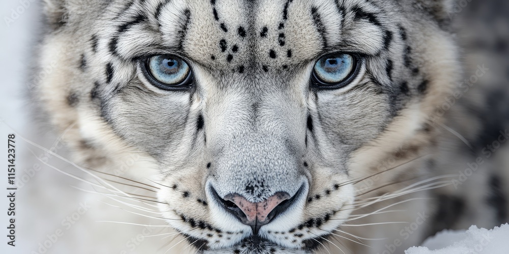 Fototapeta premium Close up of a snow leopard, highlighting the importance of animal protection for snow leopards and their conservation in the wild, focusing on the snow leopard s beauty and vulnerability.