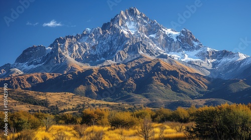 Majestic mountains rising against a clear summer sky, their peaks dusted with snow even in the warmth of the season photo