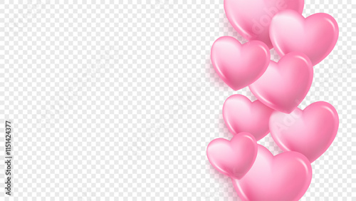 Pink hearts banner. Transparent background. Festive overlay template for Valentine's Day greetings or Wedding Day invitations. Vector illustration.