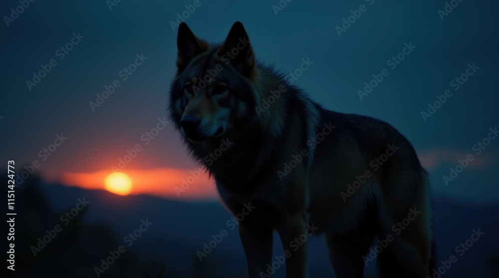 Fototapeta premium Wolf Silhouette Against Dark Blue Sky