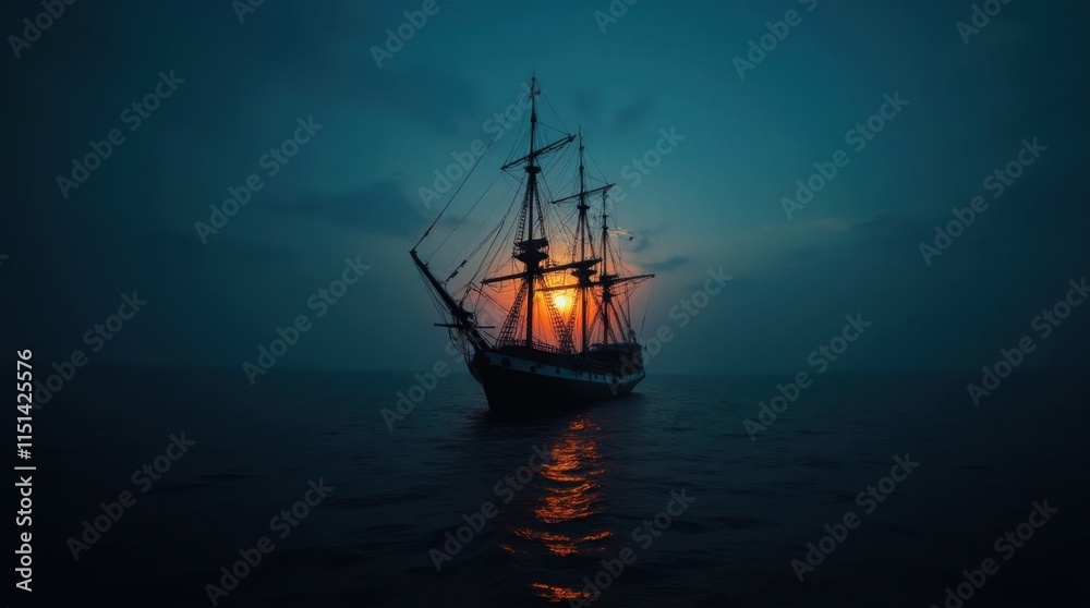 Silhouette of a Ship Against a Dark Blue Sky Silhouette of a Ship Against a Dark Blue Sky