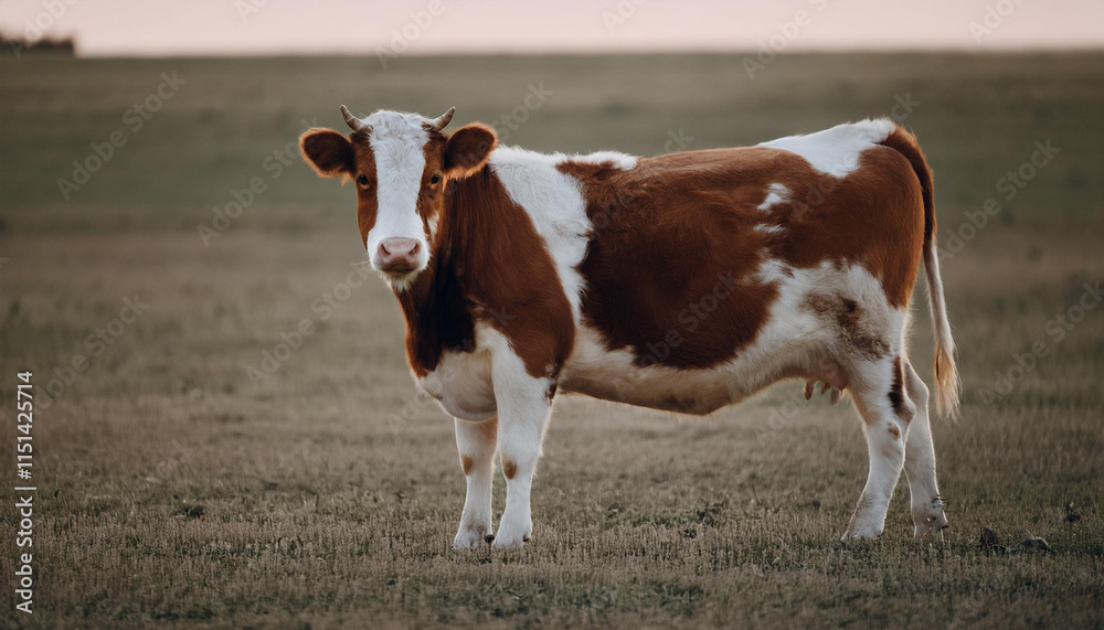 Serene scene, brown and white cow standing in field, face to camera. Farm animal. Nature landscape Serene scene, brown and white cow standing in field, face to camera. Farm animal. Nature landscape