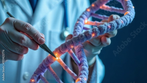 a geneticist in a white coat with scissors in his hands makes an incision in the dna spiral photo