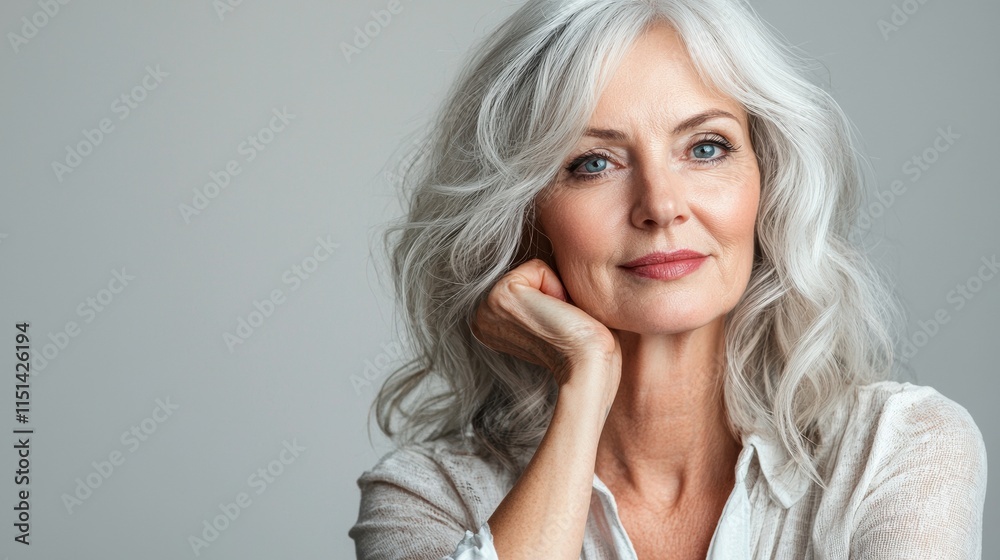 Naklejka premium Elegant portrait of a mature woman studio photography neutral background close-up beauty and confidence