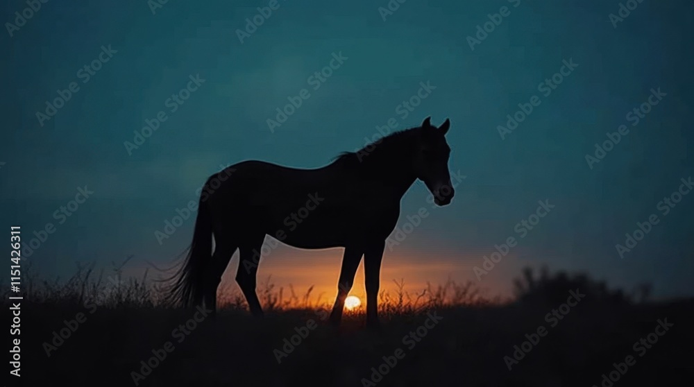 Horse Silhouette Against Dark Blue Sky Horse Silhouette Against Dark Blue Sky