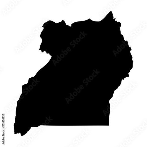 Uganda high detailed vector representation of country silhouette in solid black on white background. For educational, decorative, or informational use showcasing the national outline.