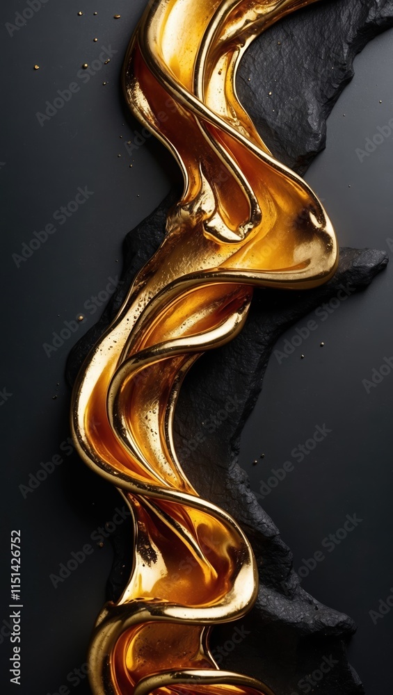 Obraz premium Glossy golden liquid fluidly draping over black textured surface, conveying elegance and luxury, ideal for cosmetics or high-end product branding.