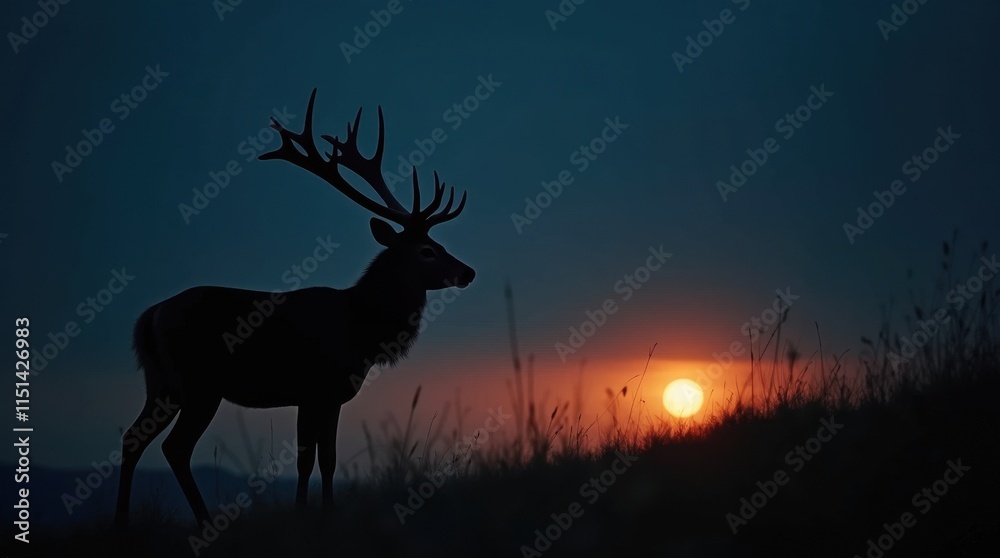 Deer Silhouette Against Dark Blue Sky Deer Silhouette Against Dark Blue Sky