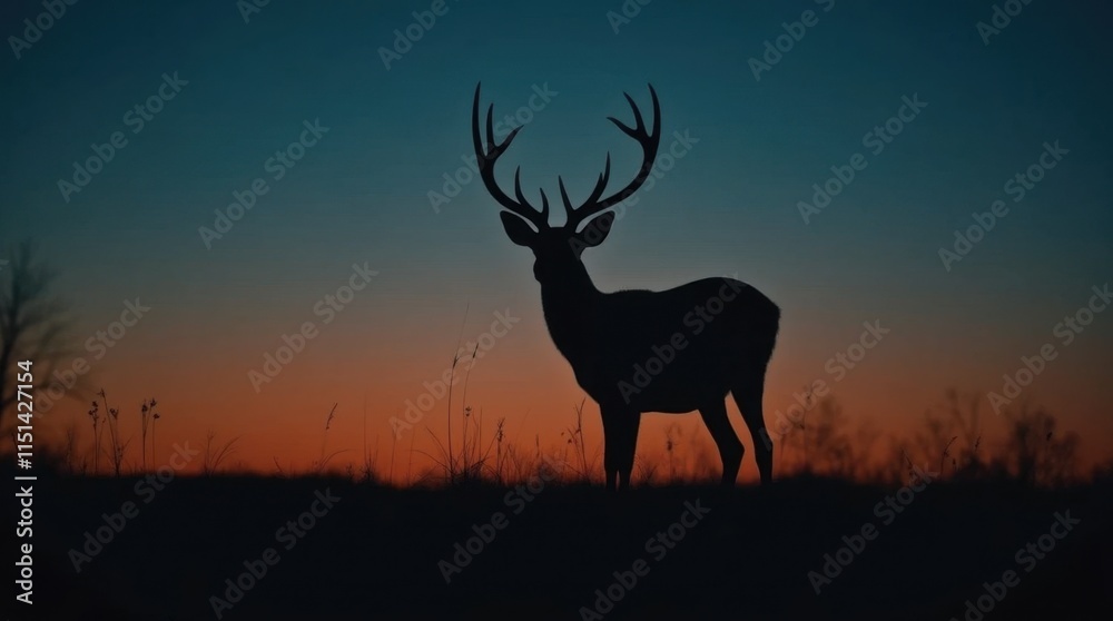 Deer Silhouette Against Dark Blue Sky Deer Silhouette Against Dark Blue Sky