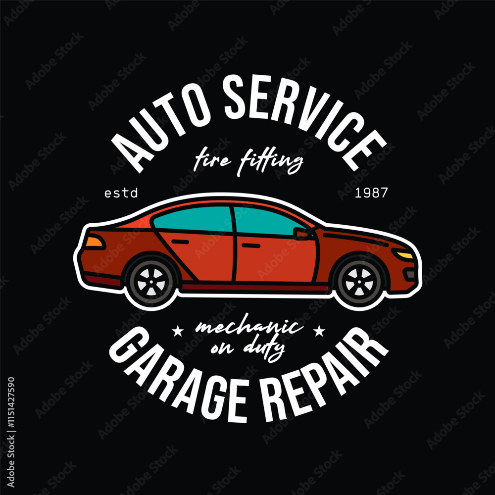 Fototapeta premium Car service emblem. Original vector illustration in vintage style. T-shirt design.