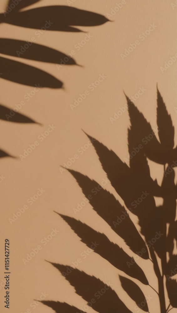 Fototapeta premium Soft shadows of green leaves cast on warm beige wall, creating calming, natural ambiance perfect for interior design or wellness themes.