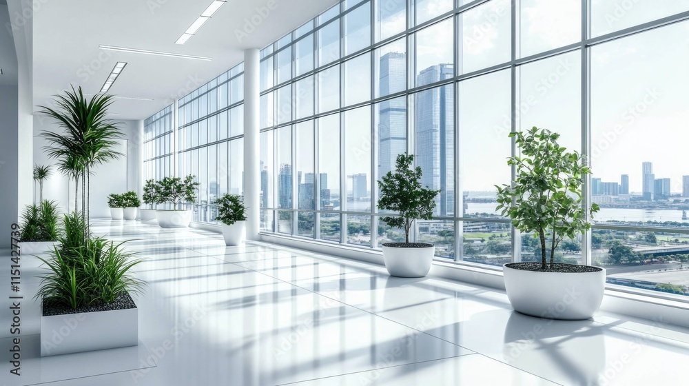 Sunlight fills the spacious, airy rooms. Biophilic design in a minimalist, white interior with plants. View of the city from the panoramic windows. Ecological, green and modern interior concept Sunlight fills the spacious, airy rooms. Biophilic design in a minimalist, white interior with plants. View of the city from the panoramic windows. Ecological, green and modern interior concept