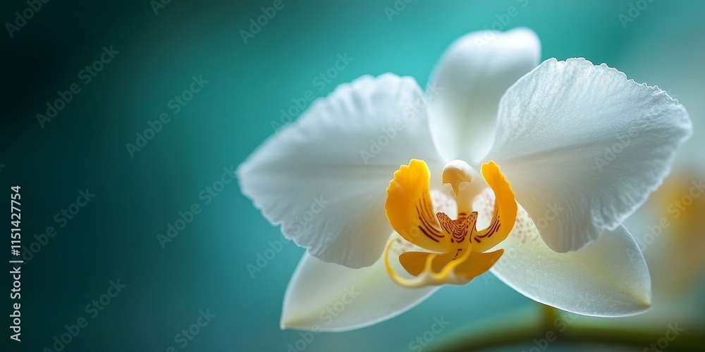 Fototapeta premium Macro close up of a delicate white yellow orchid flower, showcasing the intricate details and beauty of the orchid flower in vibrant colors, perfect for floral photography enthusiasts.