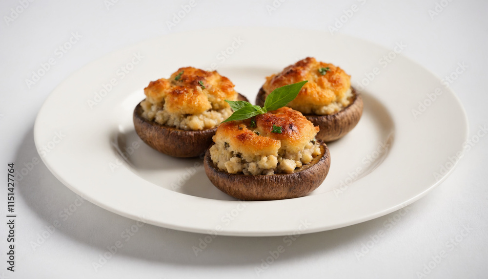 Stuffed mushrooms in close-up style in brown and white colors with copy space Stuffed mushrooms in close-up style in brown and white colors with copy space