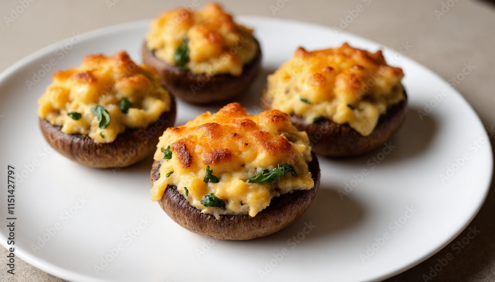 Four Stuffed mushrooms in warm colors on a plate for a delicious appetizer Four Stuffed mushrooms in warm colors on a plate for a delicious appetizer