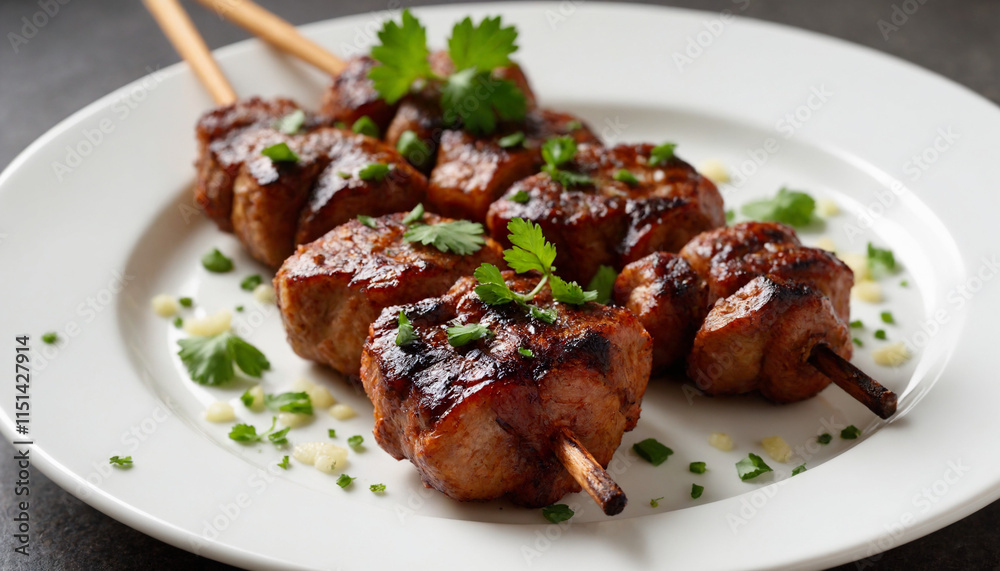 Bacon-wrapped Suya skewers in a savory style in brown and green colors for appetizing meals Bacon-wrapped Suya skewers in a savory style in brown and green colors for appetizing meals